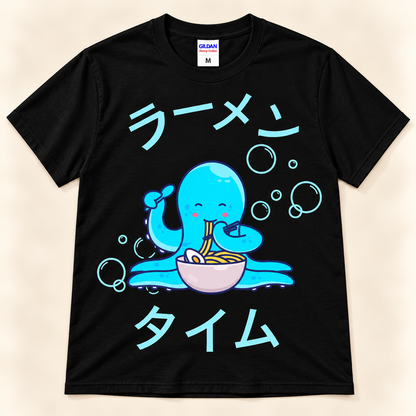 Black graphic tee with a cute blue octopus eating ramen, bubbles and Japanese Ramen Time lettering.