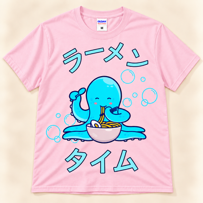 Light Pink graphic tee featuring a kawaii blue octopus eating ramen with Japanese Ramen Time lettering.
