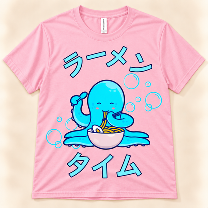 Pink soft graphic tee featuring a cute blue octopus eating ramen with Japanese Ramen Time artwork.