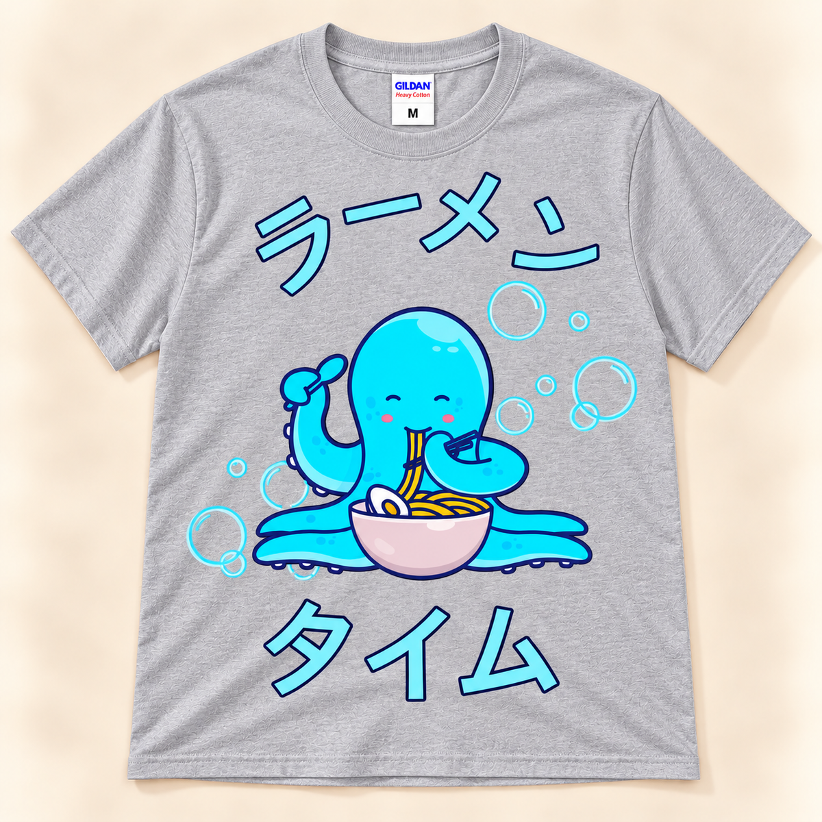 Sport Gray graphic tee with a cute blue octopus, ramen bowl, bubbles and Japanese Ramen Time design.