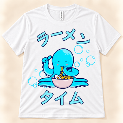 White soft graphic tee featuring a cute blue octopus eating ramen with Japanese Ramen Time lettering.