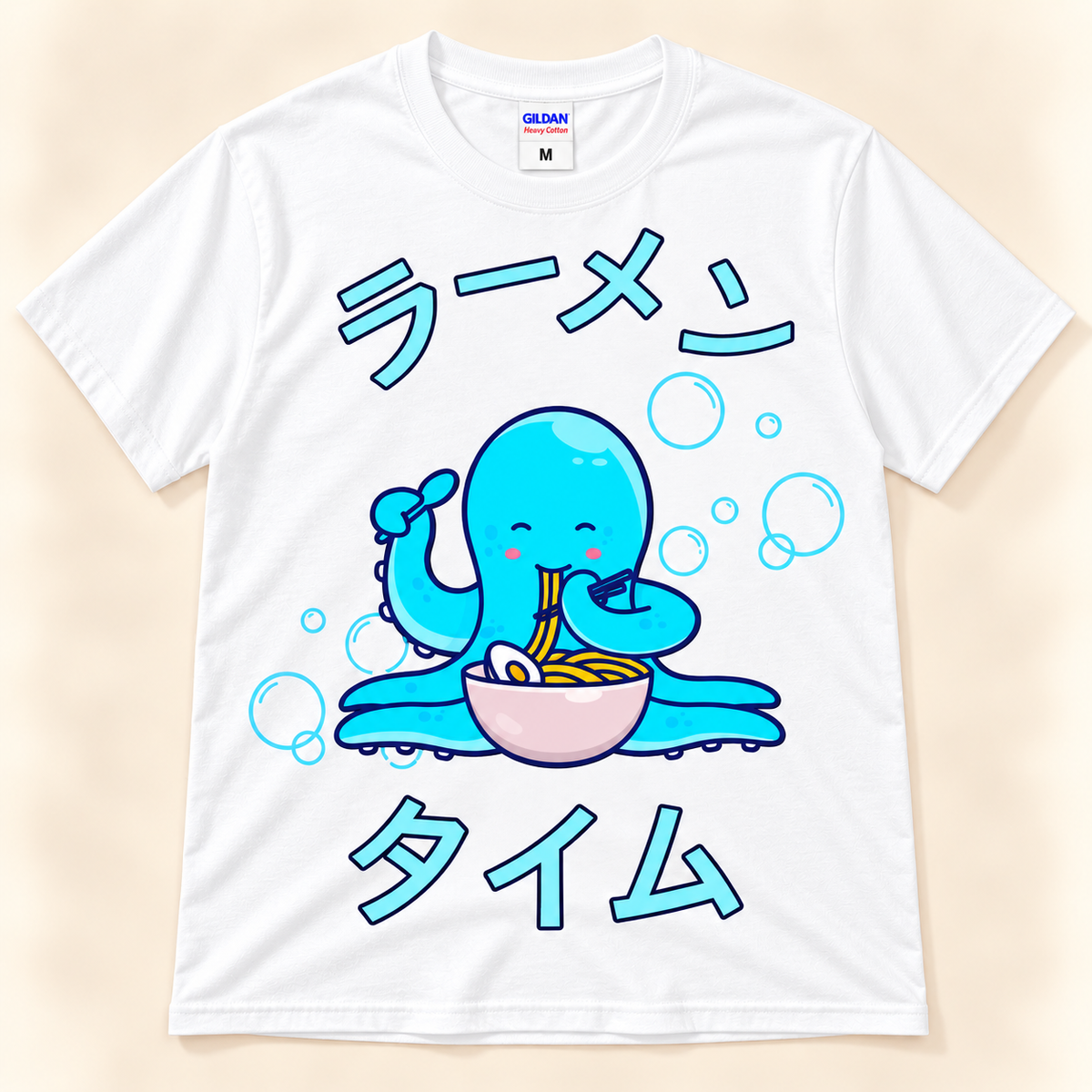 White graphic tee featuring a kawaii blue octopus eating noodles with Japanese Ramen Time lettering.