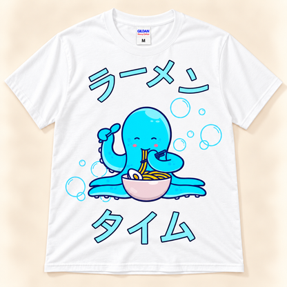 White graphic tee featuring a kawaii blue octopus eating noodles with Japanese Ramen Time lettering.