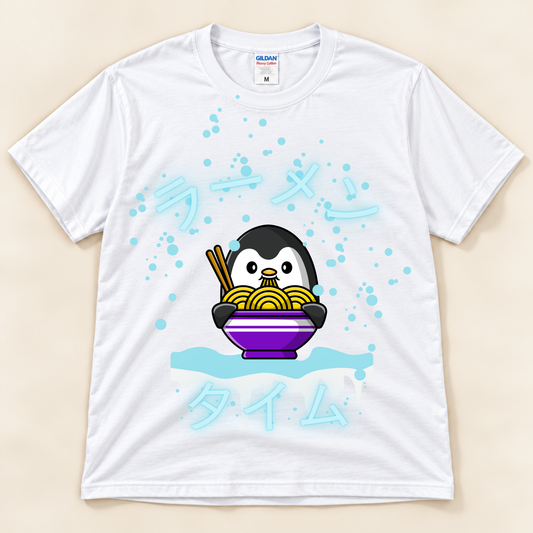White Gildan 5000 kawaii penguin ramen shirt featuring a cute penguin eating noodles with Japanese Ramen Time artwork.