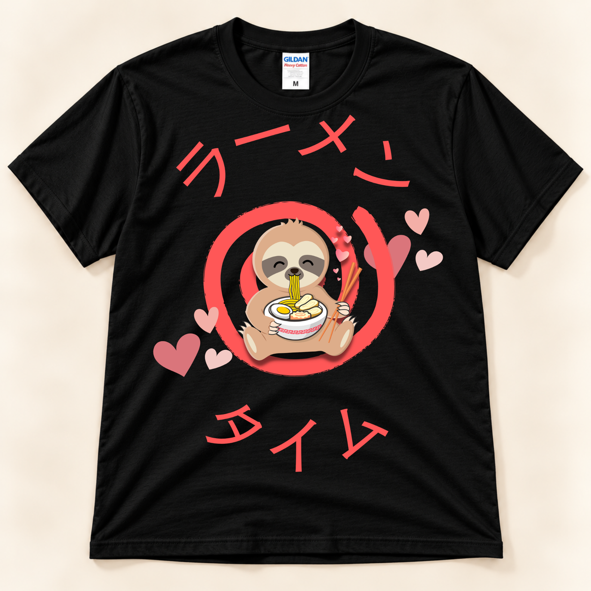 Black Gildan 5000 kawaii ramen tee featuring a cute sloth eating noodles with hearts and Japanese Ramen Time text.