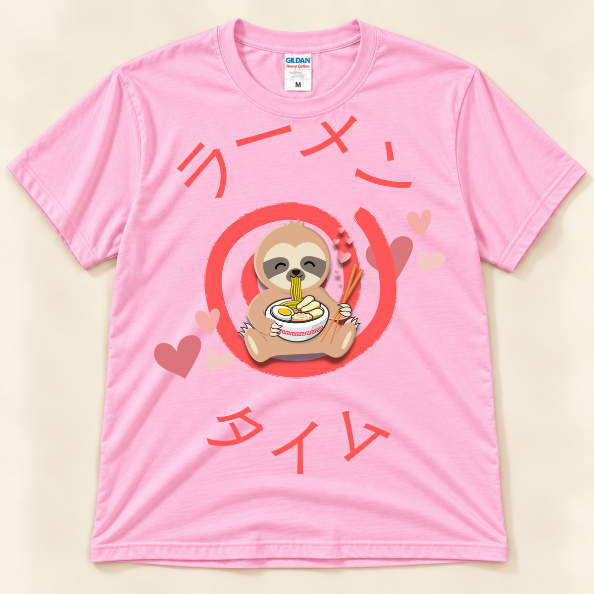 Light Pink Gildan 5000 kawaii ramen tee featuring a cute sloth with a noodle bowl, hearts and Japanese Ramen Time design.
