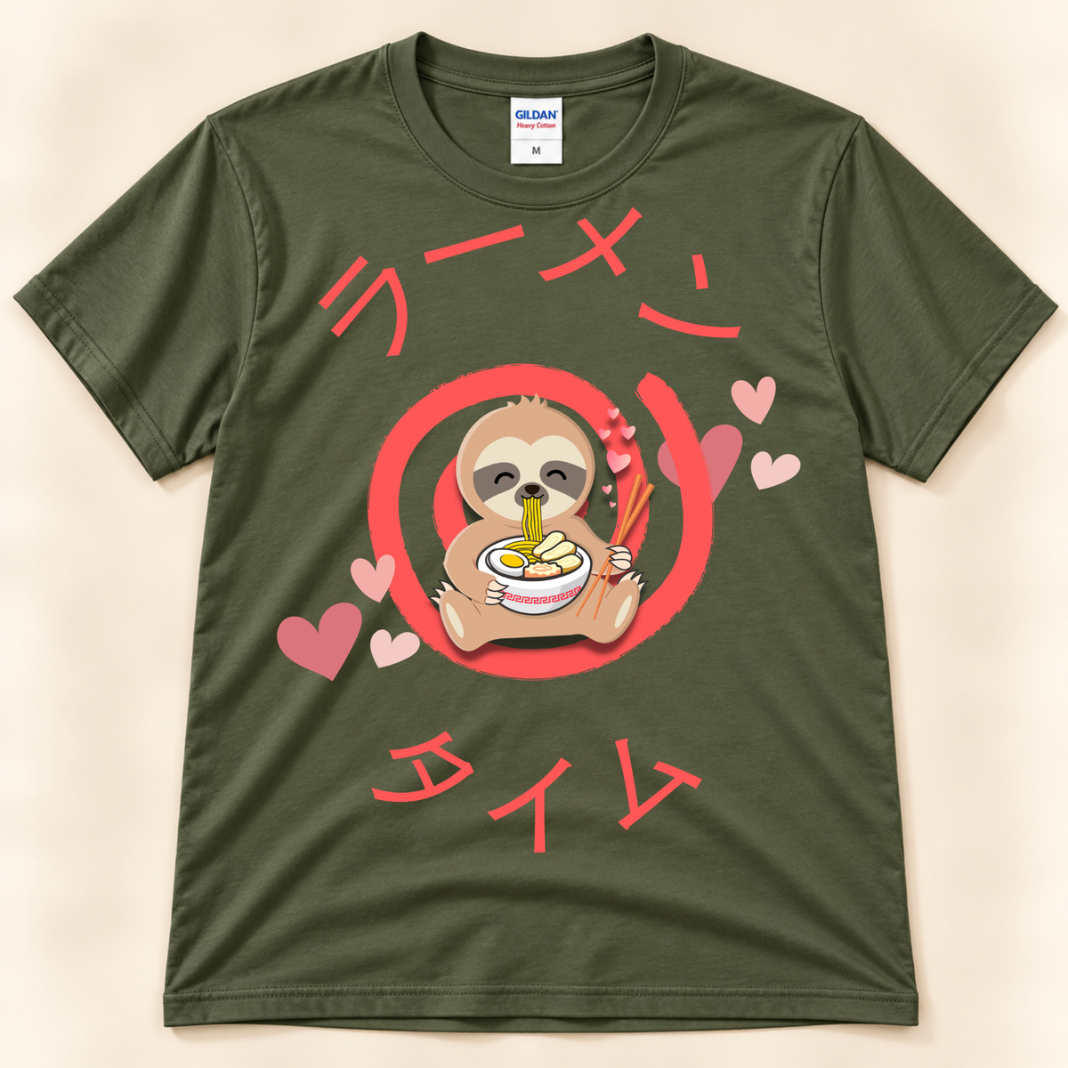 Military Green Gildan 5000 sloth ramen graphic tee with a cute sloth eating noodles, hearts and Japanese Ramen Time text.