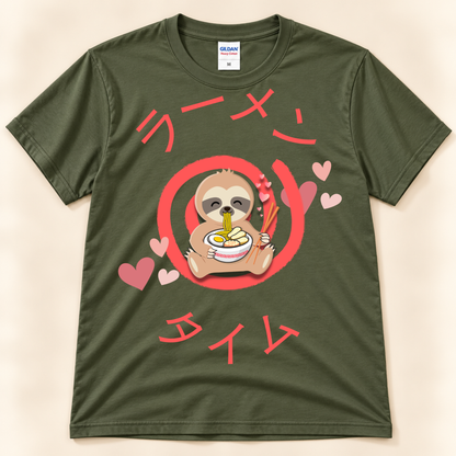 Military Green Gildan 5000 sloth ramen graphic tee with a cute sloth eating noodles, hearts and Japanese Ramen Time text.