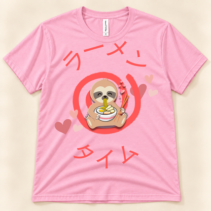 Pink Bella Canvas 3001 kawaii ramen graphic tee featuring a cute sloth eating noodles with hearts and Japanese Ramen Time text.