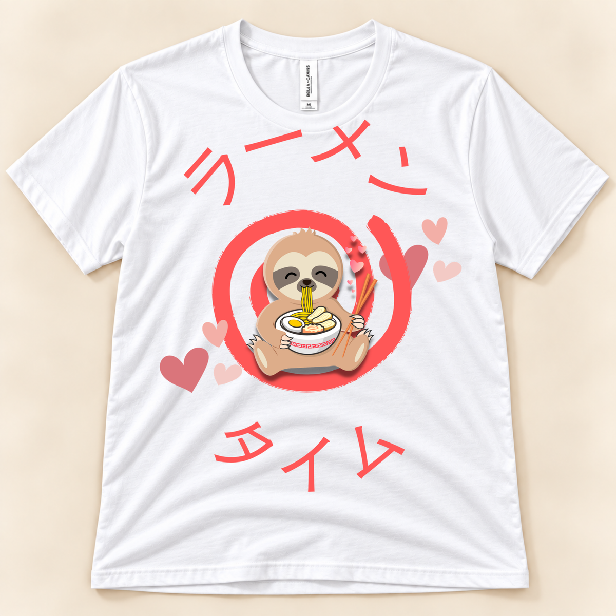 White Bella Canvas 3001 kawaii sloth ramen tee with a cute sloth, noodle bowl, pink hearts and Japanese Ramen Time design.