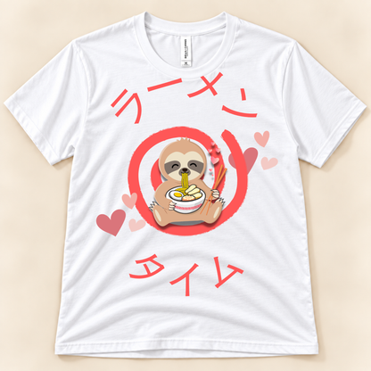 White Bella Canvas 3001 kawaii sloth ramen tee with a cute sloth, noodle bowl, pink hearts and Japanese Ramen Time design.