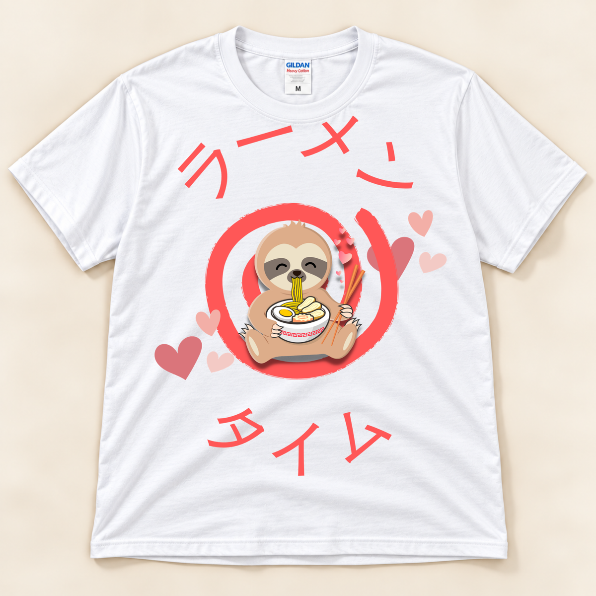 White Gildan 5000 kawaii sloth ramen shirt with a cute sloth eating noodles, pink hearts and Japanese Ramen Time text.