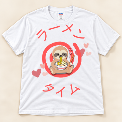 White Gildan 5000 kawaii sloth ramen shirt with a cute sloth eating noodles, pink hearts and Japanese Ramen Time text.