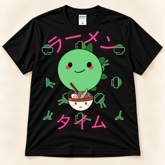 Black Gildan 5000 kawaii ramen shirt with a cute green stegosaurus, noodle bowl and Japanese Ramen Time design.