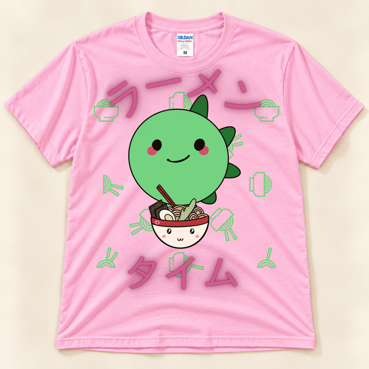 Light Pink Gildan 5000 kawaii dinosaur ramen shirt with a green stegosaurus, noodle bowl and Japanese Ramen Time design.