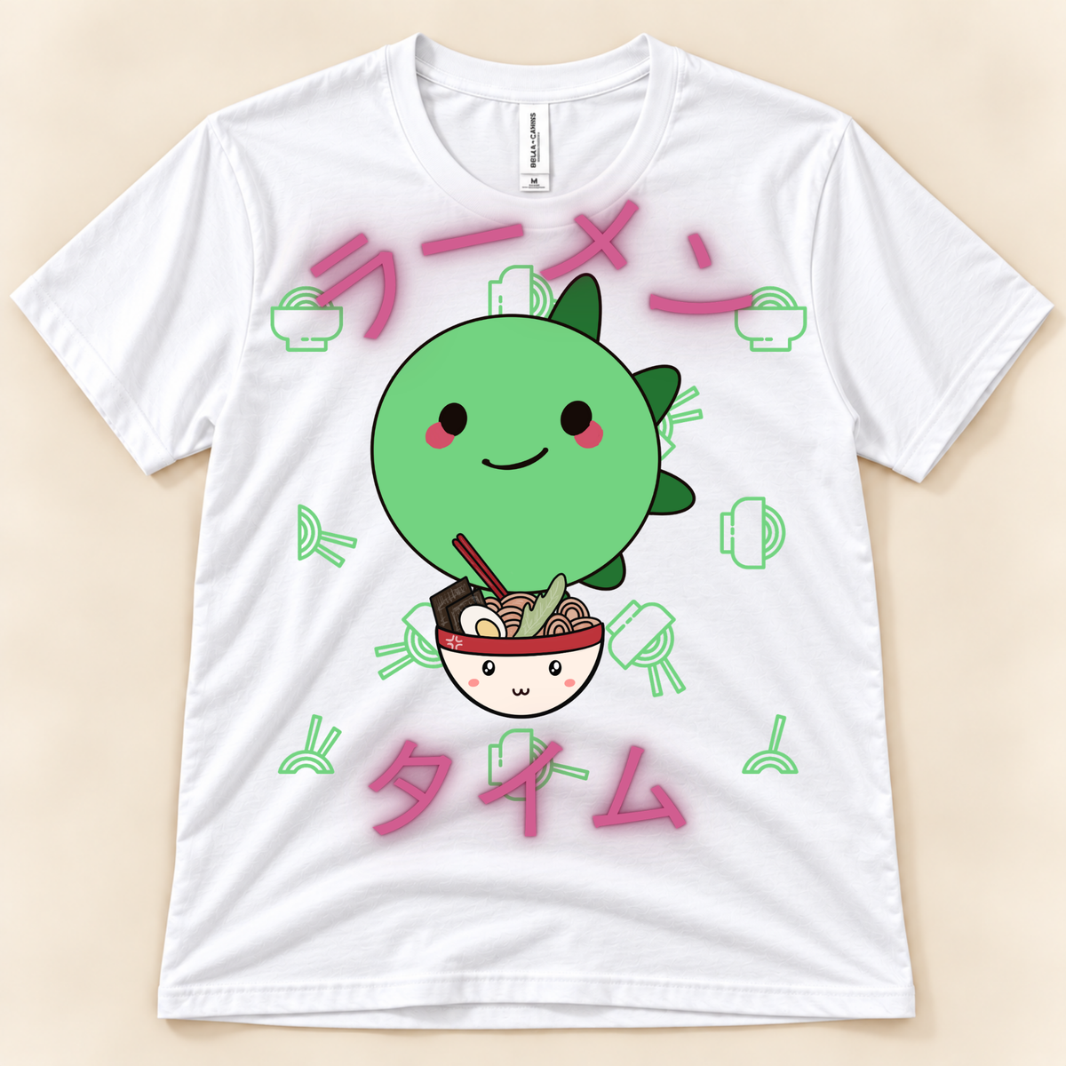 White Bella Canvas 3001 dinosaur ramen graphic tee featuring a kawaii green stegosaurus, ramen bowl and Japanese Ramen Time artwork.