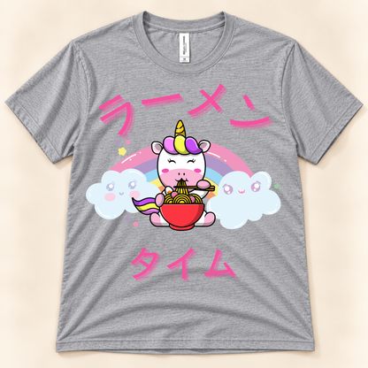 Athletic heather kawaii ramen tee with unicorn eating noodles, rainbow and Japanese lettering.