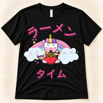 Black Bella Canvas unicorn ramen tee with colorful kawaii artwork and pink Japanese lettering.