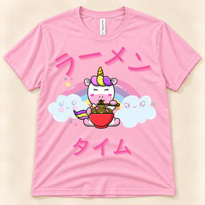 Pink unicorn ramen graphic tee with colorful noodles, rainbow, clouds and Japanese Ramen Time text.
