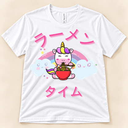 White Bella Canvas Ramen Time unicorn tee with kawaii noodles, rainbow and smiling clouds.