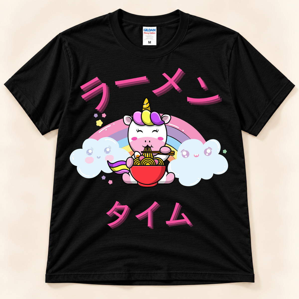 Black Ramen Time unicorn graphic tee with kawaii ramen bowl, rainbow and Japanese lettering.