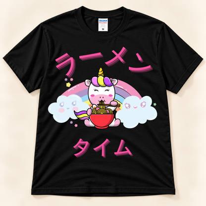 Black Ramen Time unicorn graphic tee with kawaii ramen bowl, rainbow and Japanese lettering.