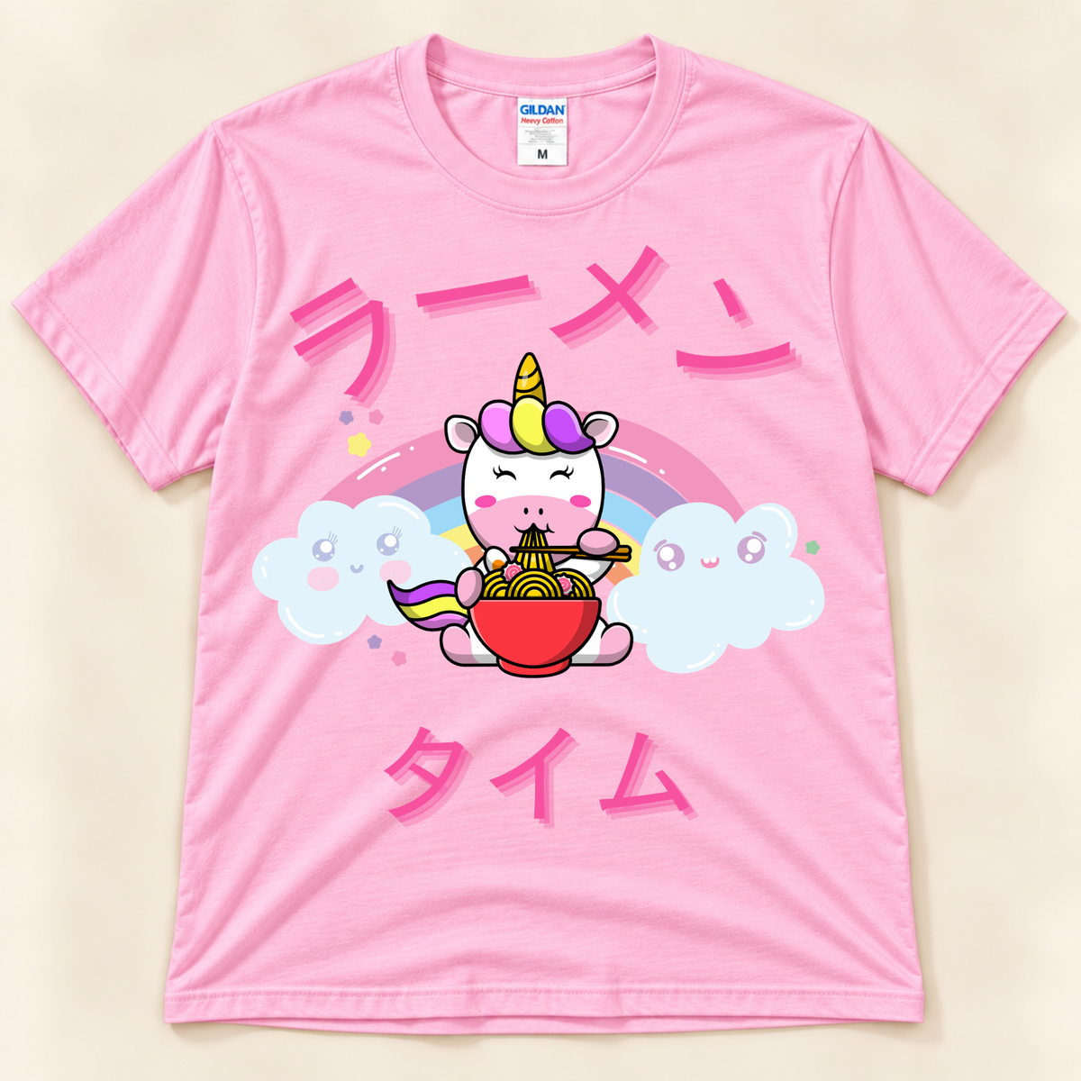 Light pink Ramen Time tee with kawaii unicorn eating noodles, pastel rainbow and cute clouds.
