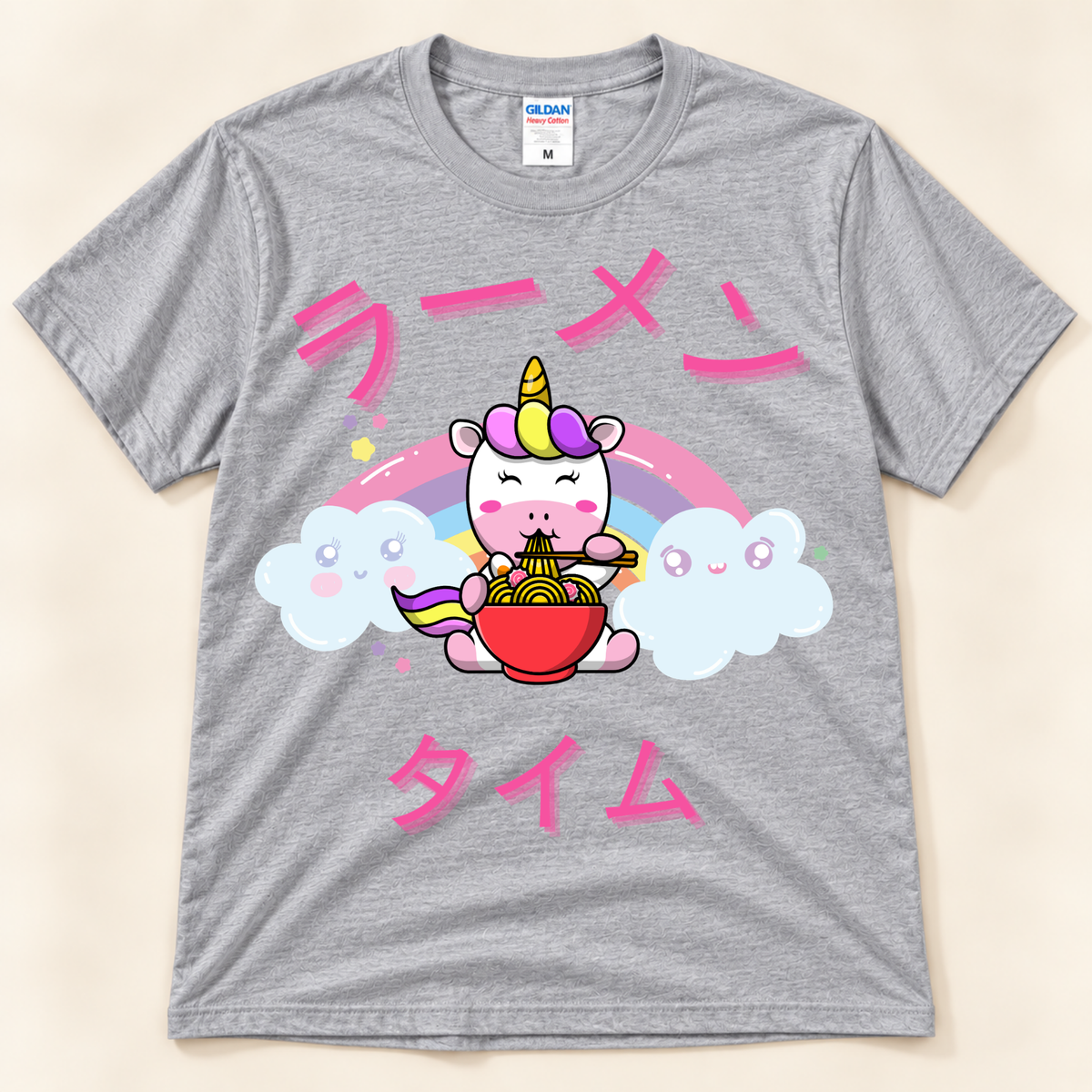 Sport gray unicorn ramen graphic tee featuring cute clouds, rainbow and Japanese Ramen Time lettering.
