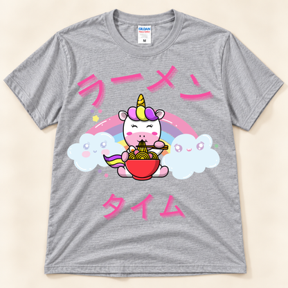 Sport gray unicorn ramen graphic tee featuring cute clouds, rainbow and Japanese Ramen Time lettering.