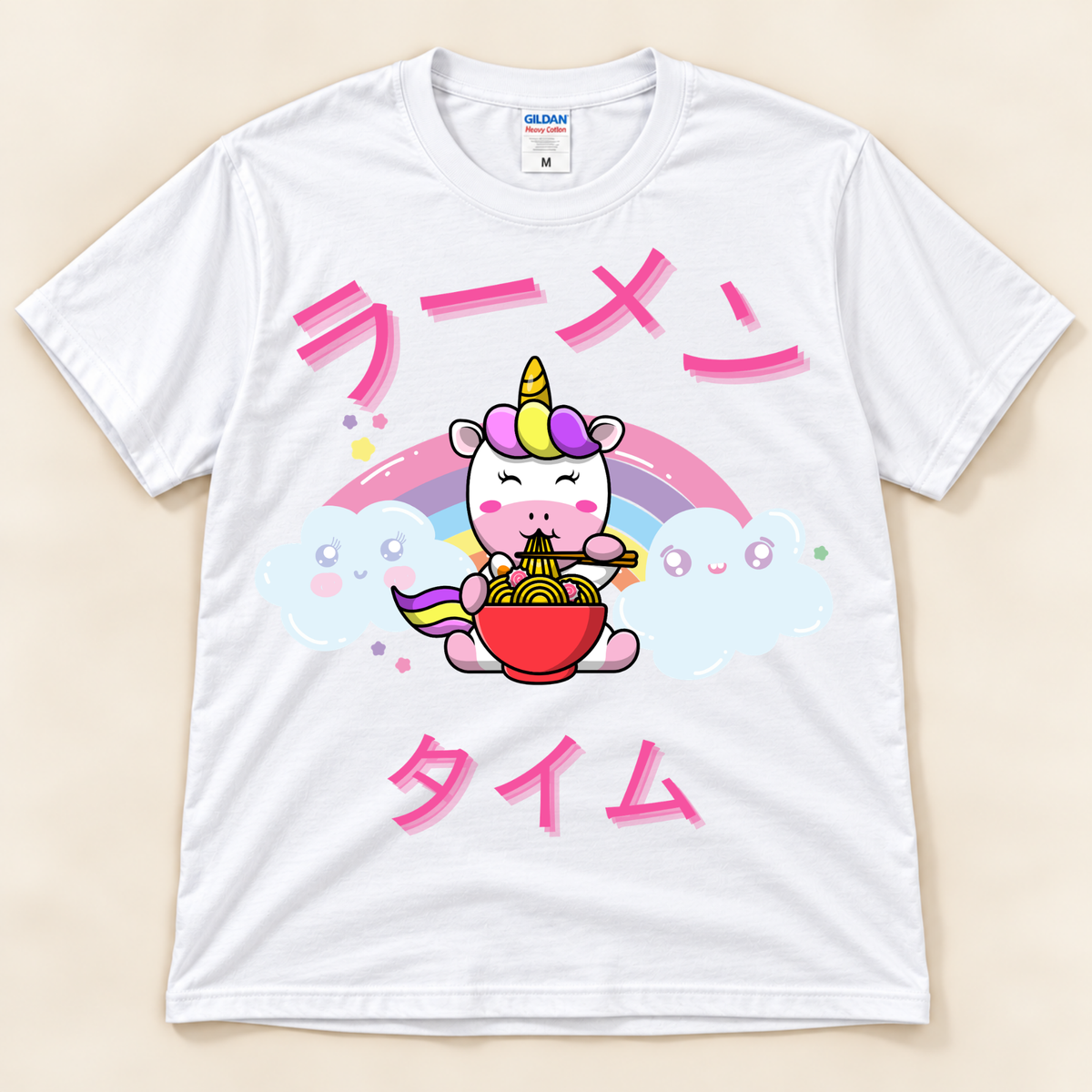 White kawaii unicorn ramen shirt with colorful rainbow, clouds and pink Japanese Ramen Time text.