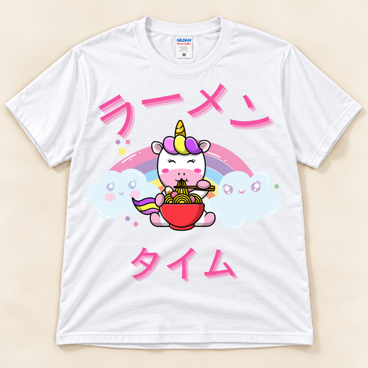 White kawaii unicorn ramen shirt with colorful rainbow, clouds and pink Japanese Ramen Time text.