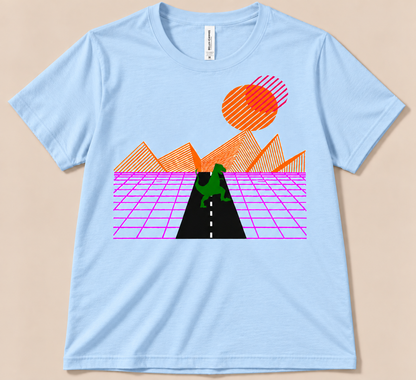 Baby Blue Bella Canvas 3001 T-Rex synthwave tee with neon pink grid, orange sunset and dinosaur graphic