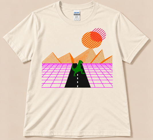 Natural Gildan 5000 retro T-Rex synthwave tee with green dinosaur, neon grid and orange 80s sunset
