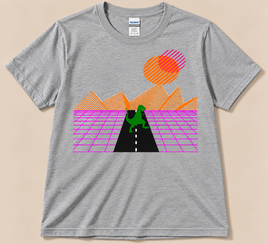 Sport Gray Gildan 5000 retro T-Rex synthwave tee with neon grid, sunset and 80s dinosaur graphic