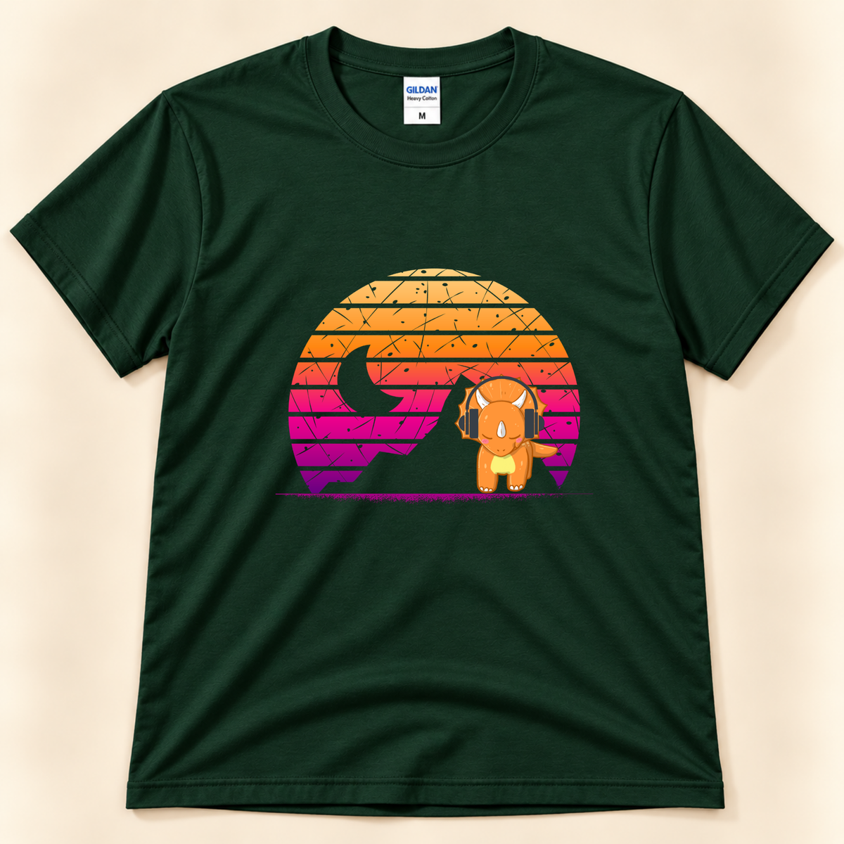 Forest Green Gildan 5000 dinosaur shirt featuring a cute triceratops wearing headphones with colorful retro sunset artwork from New Chapter Tees, a California small business.