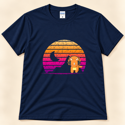 Navy Gildan 5000 dinosaur graphic tee with a cute headphone-wearing triceratops and colorful retro sunset artwork from New Chapter Tees, a California small business.