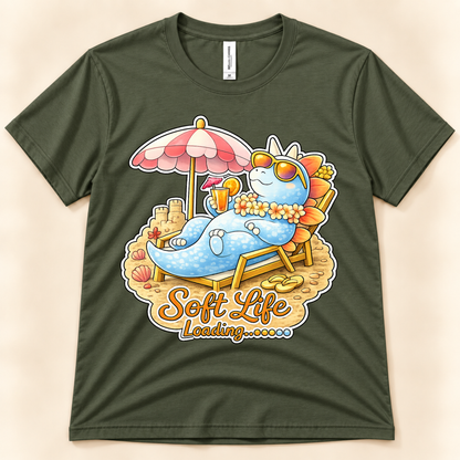 Military Green Bella Canvas 3001 Soft Life Loading dinosaur tee featuring a cute Stegosaurus lounging on the beach with sunglasses and a tropical drink from New Chapter Tees, a California small business.