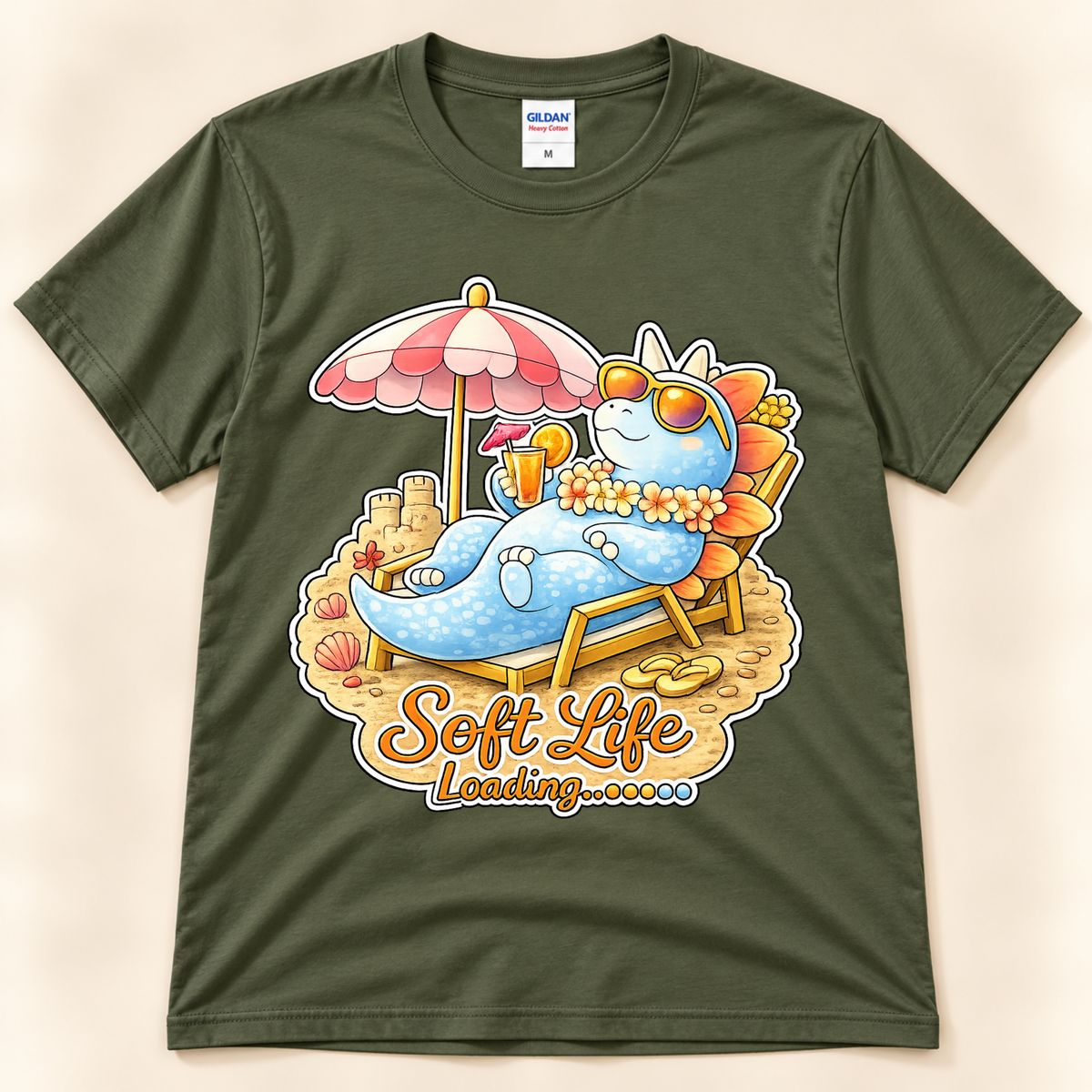 Military Green Gildan 5000 Soft Life Loading graphic tee featuring a cute Stegosaurus relaxing on the beach with a tropical drink from New Chapter Tees, a California small business.