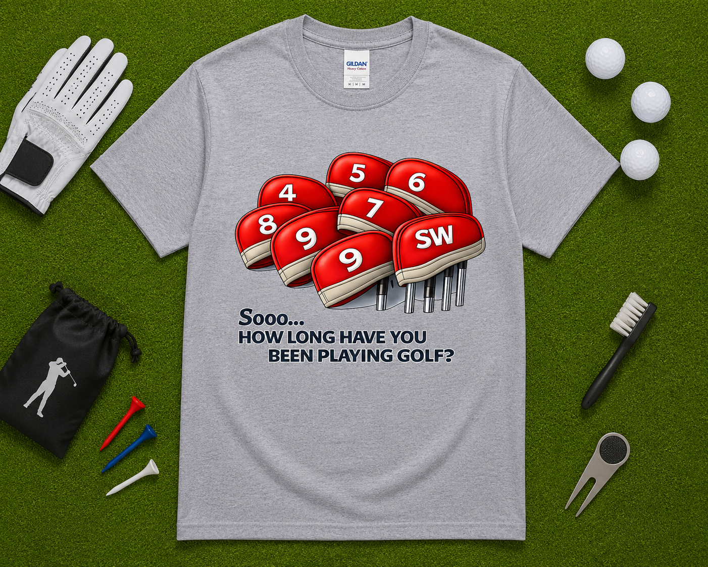 Sport Gray funny golf shirt flatlay featuring How Long Have You Been Playing Golf design with golf headcovers and golf themed accessories. Comfortable golfer graphic tee for golf tournaments, golf vacations, golf outings, and casual golf apparel shoppers in California, Texas, Florida, and Arizona.