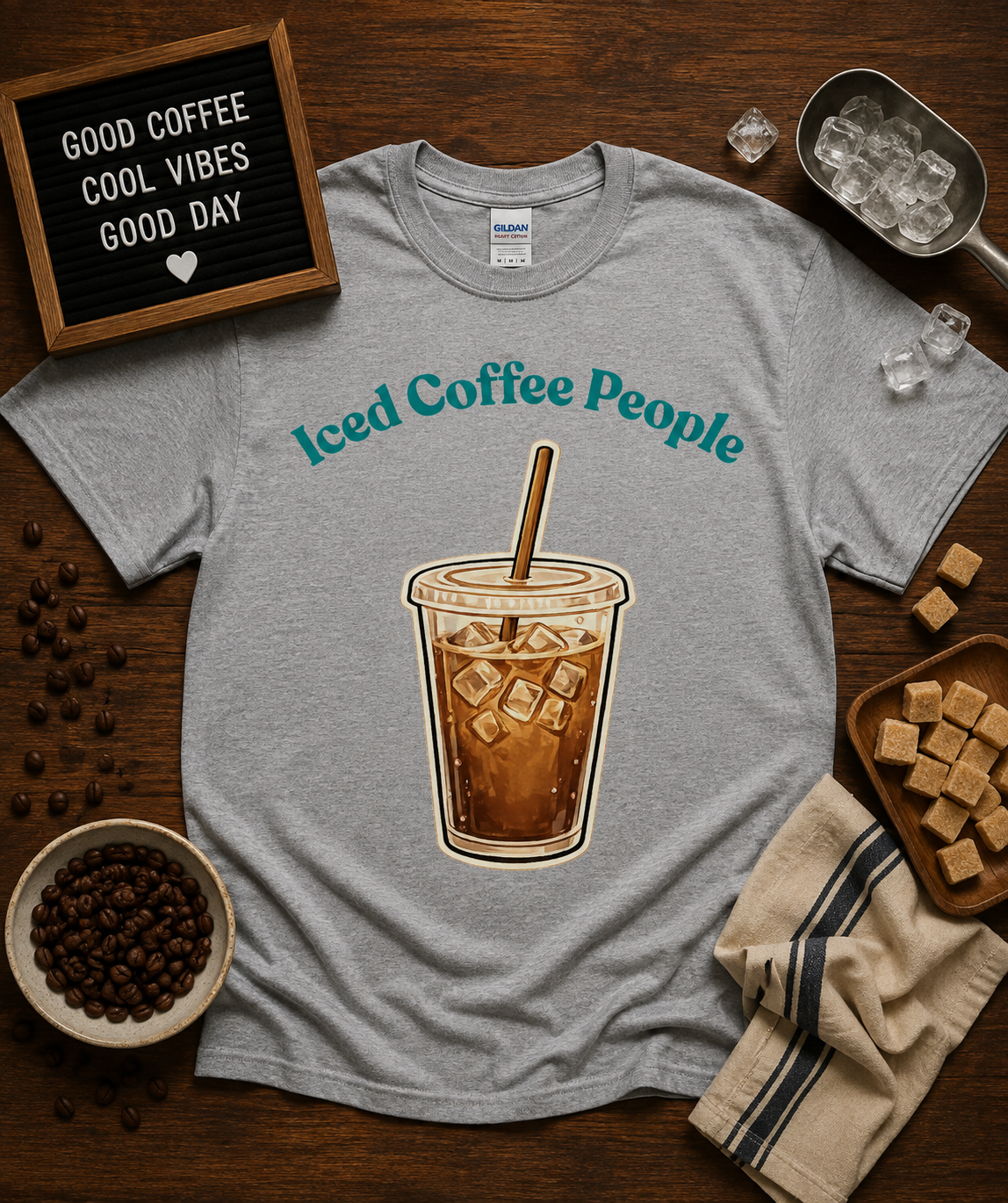 Cute Iced Coffee People graphic tee on Sport Gray Gildan 5000 shirt featuring iced coffee illustration for coffee lovers casual everyday graphic apparel USA