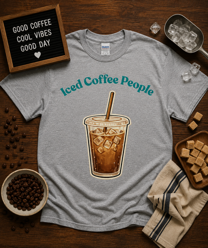 Cute Iced Coffee People graphic tee on Sport Gray Gildan 5000 shirt featuring iced coffee illustration for coffee lovers casual everyday graphic apparel USA