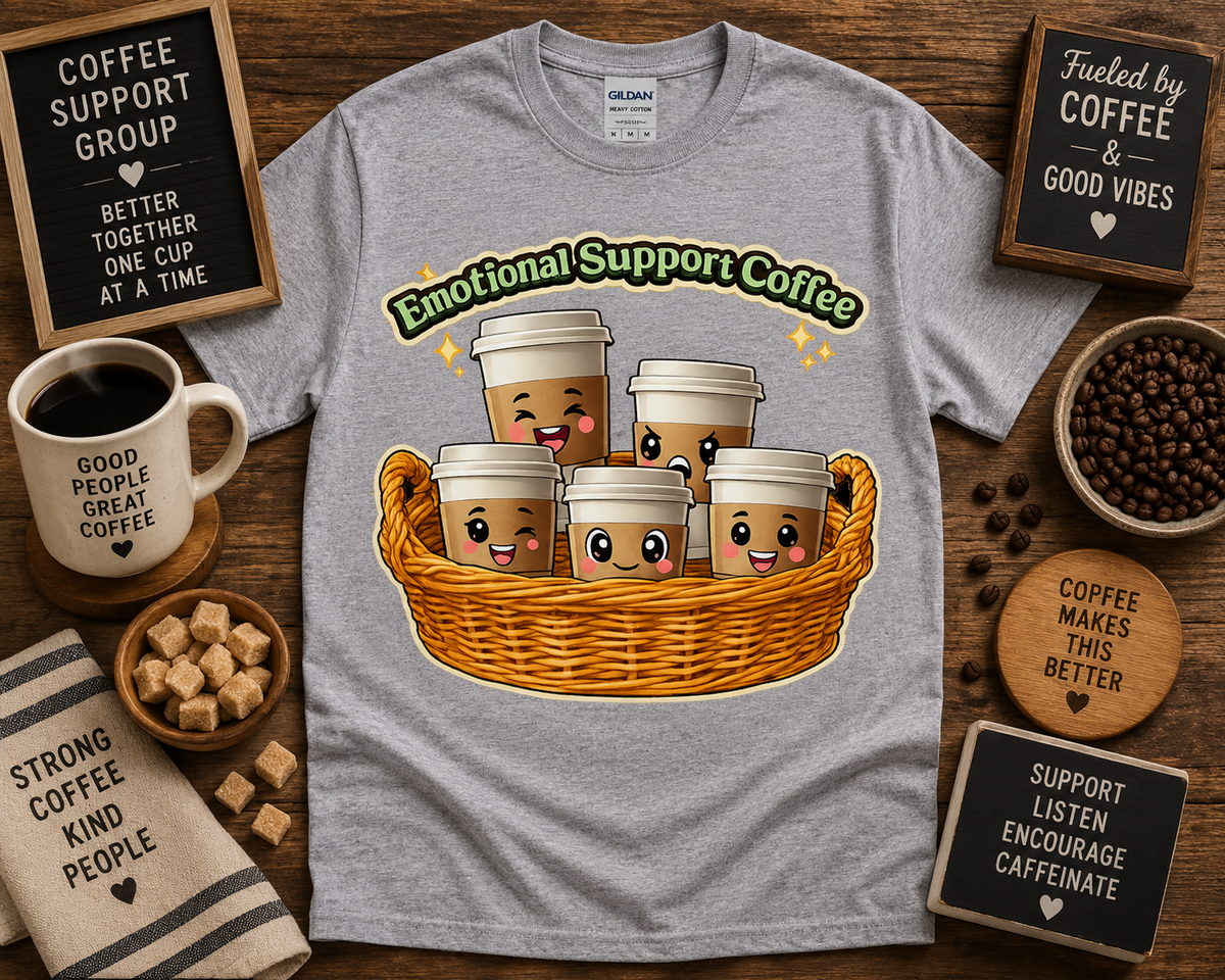 Cute Emotional Support Coffee shirt on Sport Grey Gildan 5000 with kawaii coffee cups coffee lover graphic tee USA