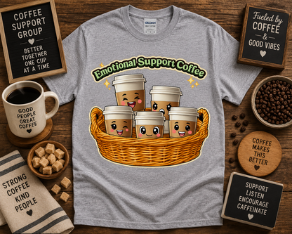 Cute Emotional Support Coffee shirt on Sport Grey Gildan 5000 with kawaii coffee cups coffee lover graphic tee USA