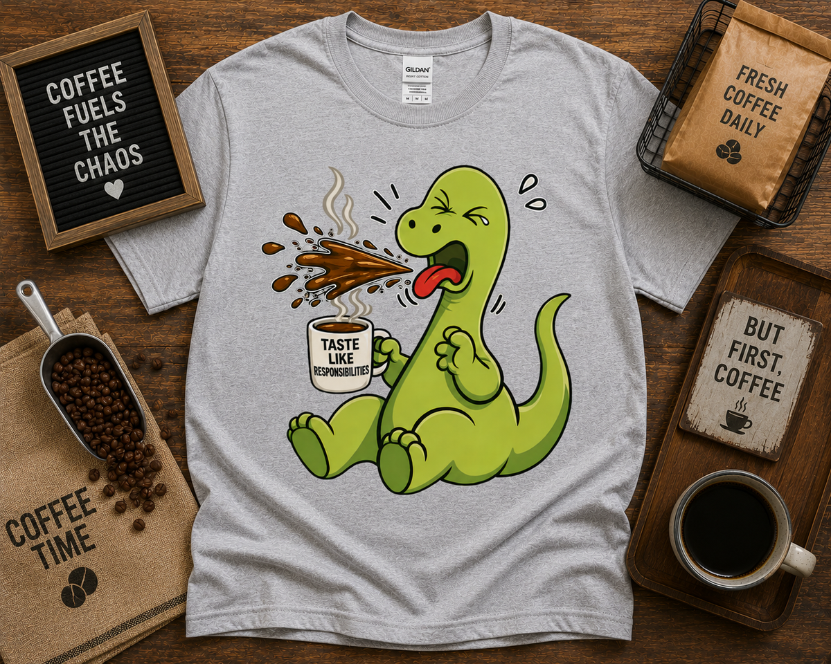 Funny dinosaur coffee shirt on Sport Grey Gildan 5000 Taste Like Responsibilities coffee dinosaur graphic shirt USA