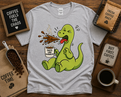 Funny dinosaur coffee shirt on Sport Grey Gildan 5000 Taste Like Responsibilities coffee dinosaur graphic shirt USA