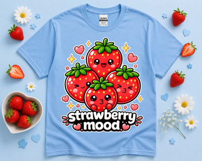Carolina blue Gildan 5000 Strawberry Mood graphic tee flat lay with cute strawberries pastel props hearts and fresh fruit aesthetic for women teens girls and kawaii fashion lovers