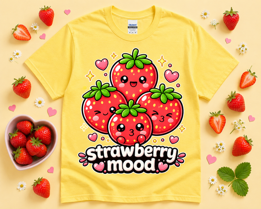 Daisy yellow Gildan 5000 Strawberry Mood cute strawberry graphic shirt flat lay with cheerful kawaii fruit props hearts and playful summer aesthetic for women teens and girls