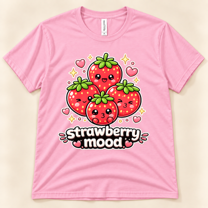 Pink Bella Canvas 3001 cute strawberry shirt featuring four kawaii red strawberries with green leaves, sweet expressions, pink hearts, and Strawberry Mood lettering from New Chapter Tees, a California small business.