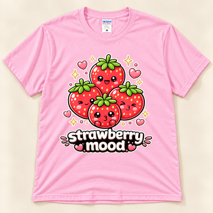 Light Pink Gildan 5000 Strawberry Mood graphic tee featuring four cute smiling strawberries with green leaves, pink hearts, golden sparkles, and playful lettering from New Chapter Tees, a California small business.