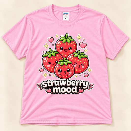 Light Pink Gildan 5000 Strawberry Mood graphic tee featuring four cute smiling strawberries with green leaves, pink hearts, golden sparkles, and playful lettering from New Chapter Tees, a California small business.
